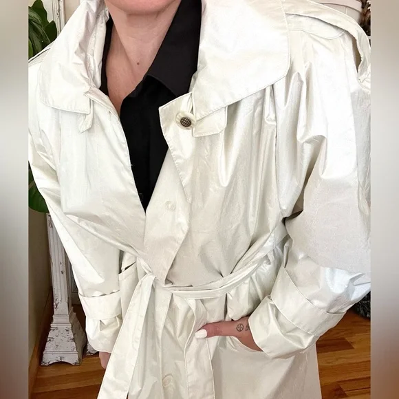 Vintage British Mist Pearlized Ivory Trench Rain Coat With Shell Buttons 6P - Picture 4 of 10